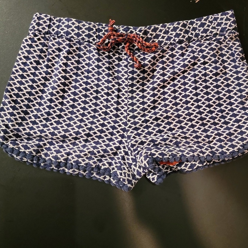 Girls Blue White Geometric Diamond Print Pom Pom Trim Shorts Size 2T Boho